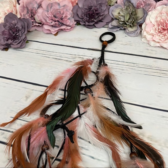 Boho Pink and White Long Feather Elastic Hair Tie - Picture 6 of 14